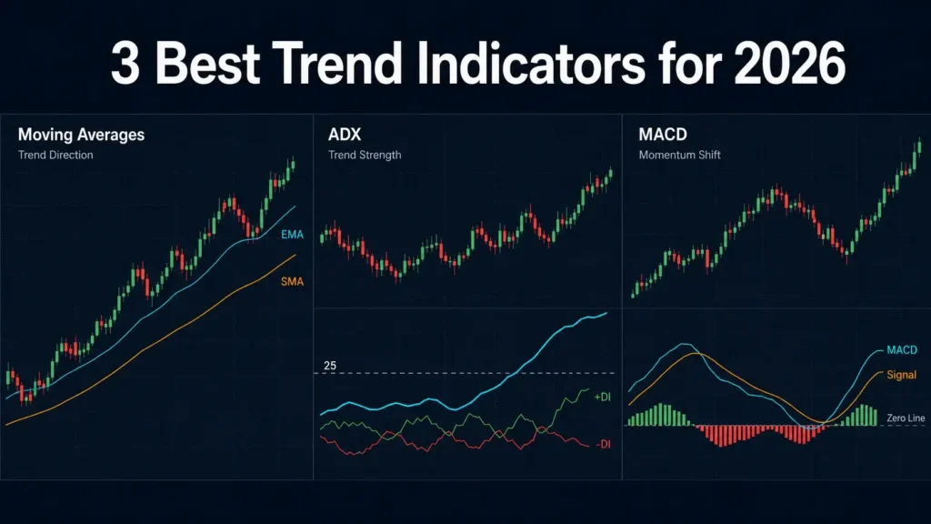 Comparison of moving averages, ADX, and MACD on forex charts, showing trend direction, trend strength, and momentum shifts.