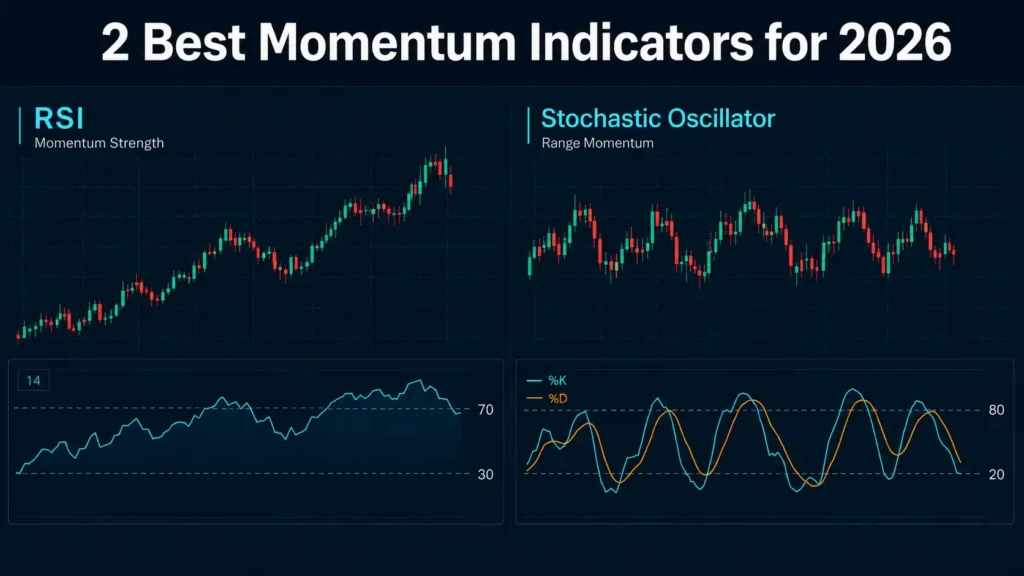 Comparison of RSI and Stochastic Oscillator charts, showing momentum readings and the 70–30 and 80–20 reference levels.