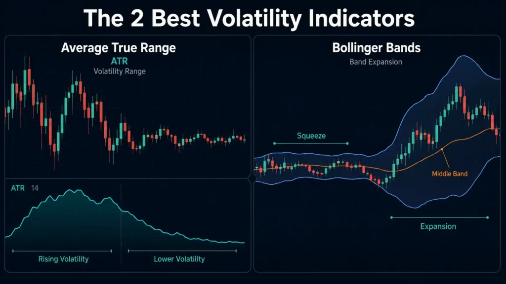 Comparison of Average True Range and Bollinger Bands, showing rising and lower volatility, band contraction, and band expansion.