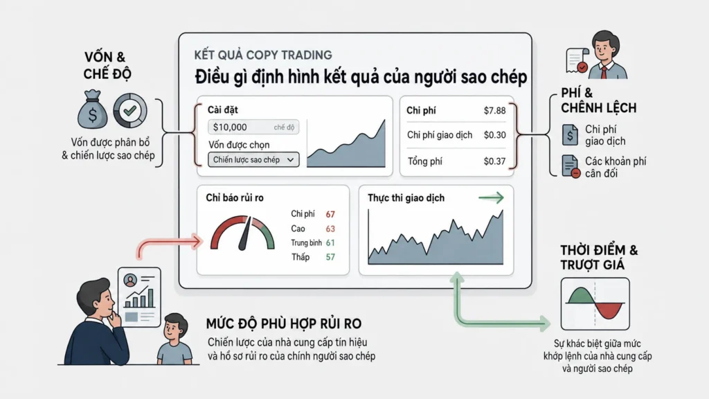 Infographic explaining copy trading results: capital, costs, risk, and performance charts (Vietnamese).