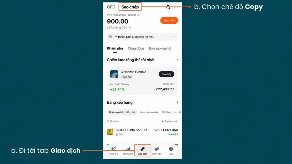 Màn hình ứng dụng ví điện tử với nút Sao chép ở trên và tab Giao dịch được chọn ở thanh dưới (hướng dẫn dùng).