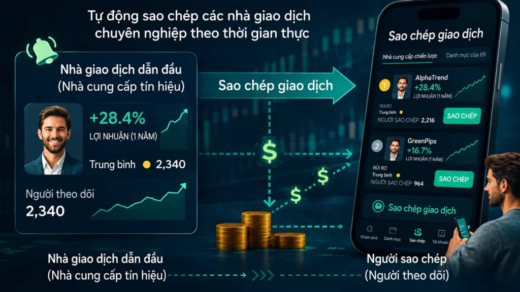 Infographic showing copy trading flow: leading broker, copy traders, followers, and a mobile app interface for copying trades (Vietnamese labels).
