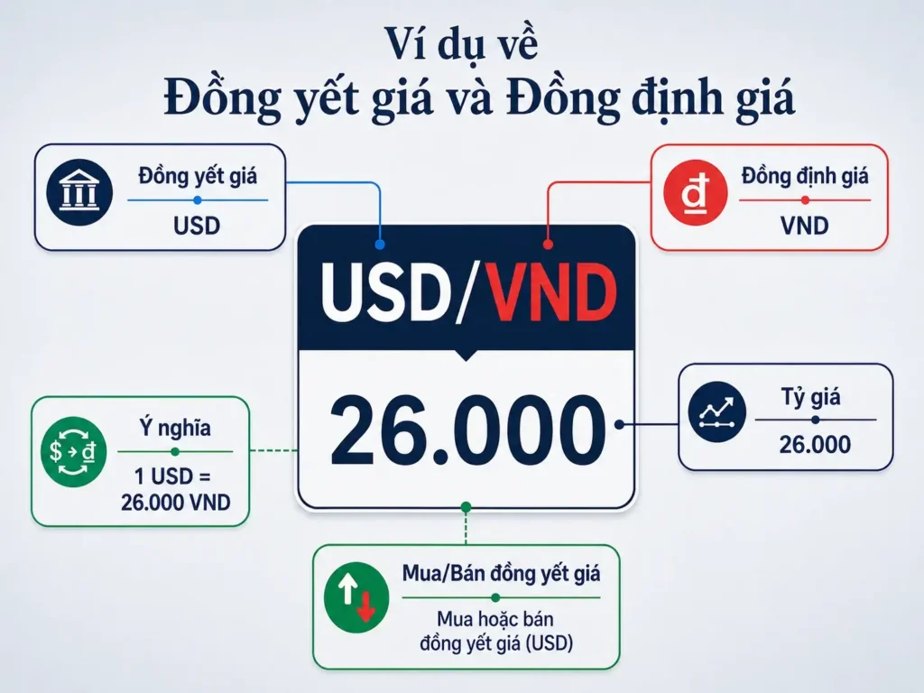 Infographic minh họa cặp tiền tệ USD/VND, trong đó USD là đồng yết giá, VND là đồng định giá, và tỷ giá 26.000 cho biết 1 USD tương đương 26.000 VND.