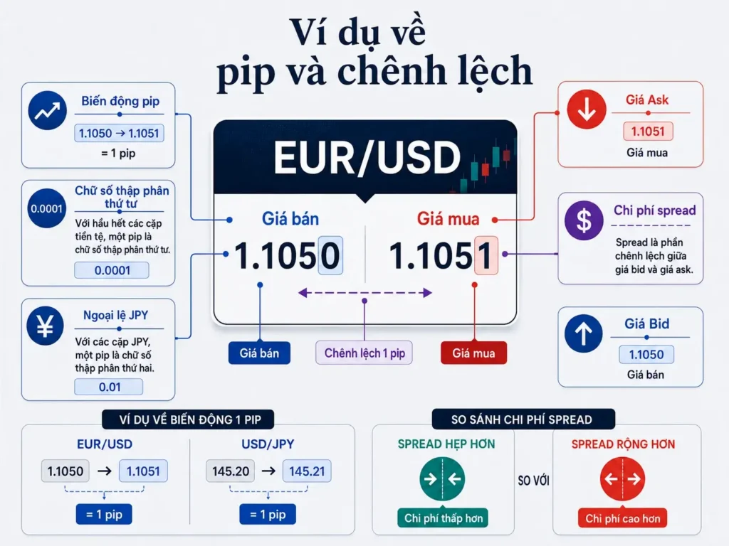 Đồ họa thông tin giải thích khái niệm pip và spread trong giao dịch forex, sử dụng cặp tiền tệ EUR/USD làm ví dụ. Hình minh họa hiển thị giá Bid là 1.1050, giá Ask là 1.1051, tạo ra mức spread 1 pip. Đồng thời, đồ họa cũng đưa ra ví dụ về biến động pip của EUR/USD và USD/JPY để thể hiện cách pip được tính trên các cặp tiền khác nhau.