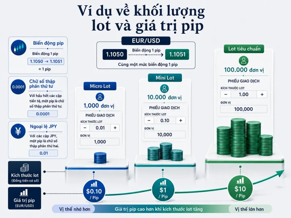Đồ họa thông tin giải thích kích thước lot trong forex và giá trị pip bằng cách sử dụng cặp tiền tệ EUR/USD làm ví dụ. Hình minh họa cho thấy một biến động 1 pip, từ 1.1050 lên 1.1051, đồng thời so sánh lot micro, lot mini, và lot tiêu chuẩn, với giá trị pip lần lượt là 0,10 USD, 1 USD, và 10 USD.
