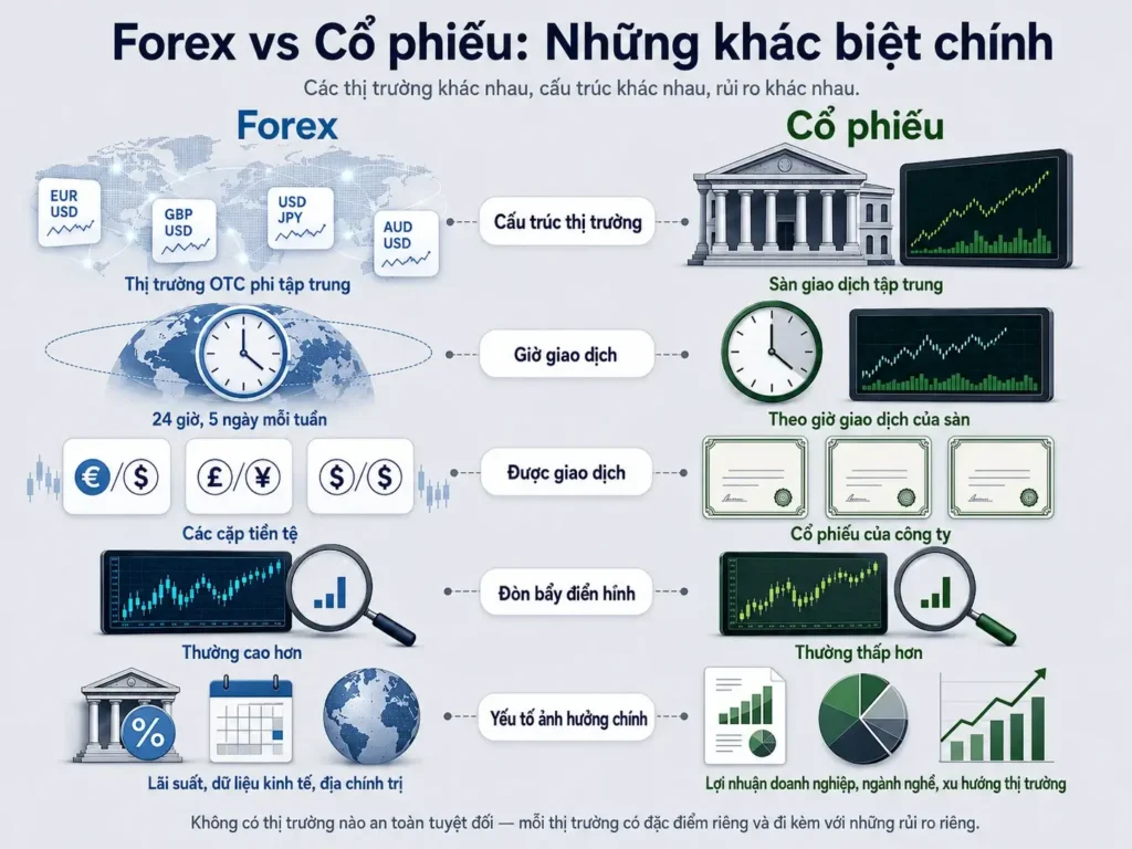Đồ họa thông tin so sánh forex và cổ phiếu qua 5 điểm khác biệt chính: cấu trúc thị trường, thời gian giao dịch, công cụ được giao dịch, mức đòn bẩy phổ biến, và các yếu tố chính ảnh hưởng đến giá.

Forex được thể hiện là thị trường phi tập trung OTC, nơi các cặp tiền tệ được giao dịch 24 giờ mỗi ngày, 5 ngày mỗi tuần. Thị trường này thường có mức đòn bẩy cao hơn và chịu tác động chính từ lãi suất, dữ liệu kinh tế, và yếu tố địa chính trị.

Cổ phiếu được thể hiện là cổ phần của các công ty, được giao dịch trên sàn giao dịch tập trung trong khung giờ hoạt động của từng sàn. Thị trường này thường có mức đòn bẩy thấp hơn, với các yếu tố ảnh hưởng đến giá bao gồm kết quả kinh doanh, diễn biến ngành, và xu hướng thị trường chung.