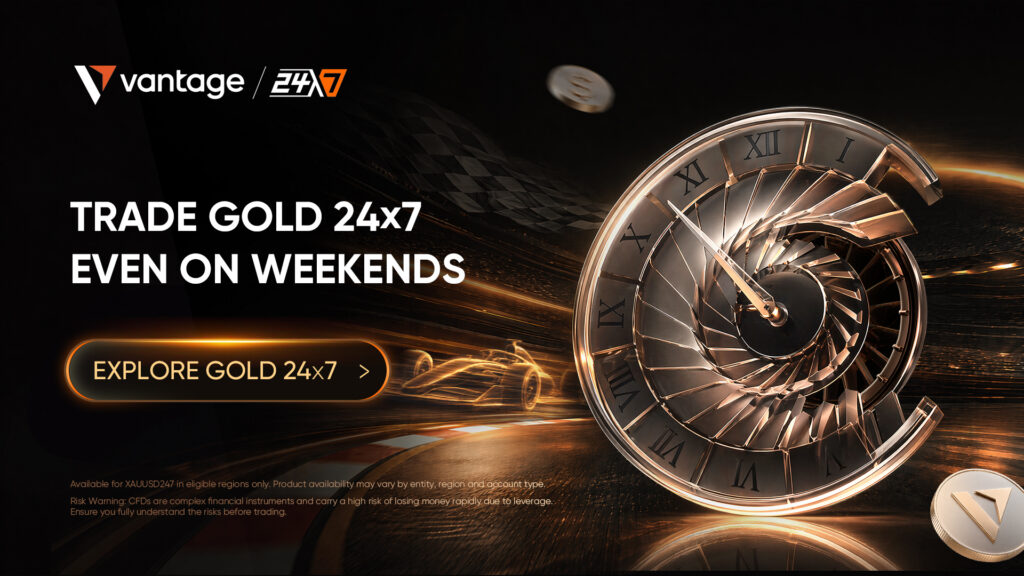Promotional banner advertising gold trading 24/7 with bold text 'TRADE GOLD 24x7 EVEN ON WEEKENDS' and an ornate spinning clock imagery; includes a rounded button 'EXPLORE GOLD 24x7'