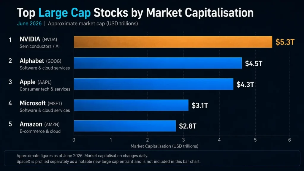 A bar chart showing the 5 different large cap stocks ranked by market capitalisation as of June 2026