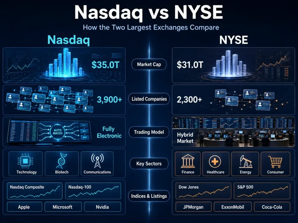Infographic comparing Nasdaq vs NYSE: Nasdaq shows higher market cap ($35.0T) and fully electronic trading; NYSE shows $31.0T and hybrid market. Includes sectors and sample stocks and indices across both exchanges.